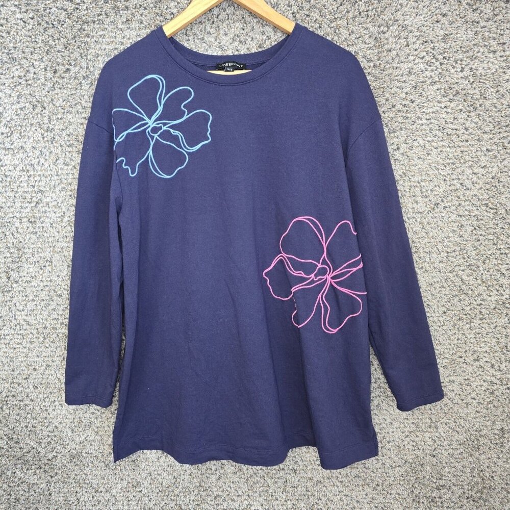 Lane Bryant Top Womens 14/16‎ Blue Embroidered Floral Tunic Long Sleeve Casual